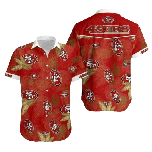 49ers Logo Red And Gold Palm Leaves Pattern Hawaiian Shirt - Moonbestprint