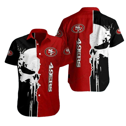49ers Logo And Skull Punisher Black Red Hawaiian Shirt - Moonbestprint