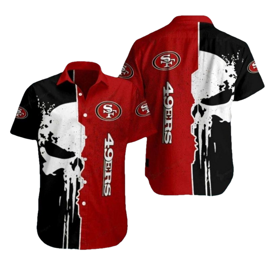 49ers Logo And Skull Punisher Black Red Hawaiian Shirt - Moonbestprint