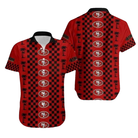 49ers Logo Black And Red Checkered Pattern Hawaiian Shirt - Moonbestprint