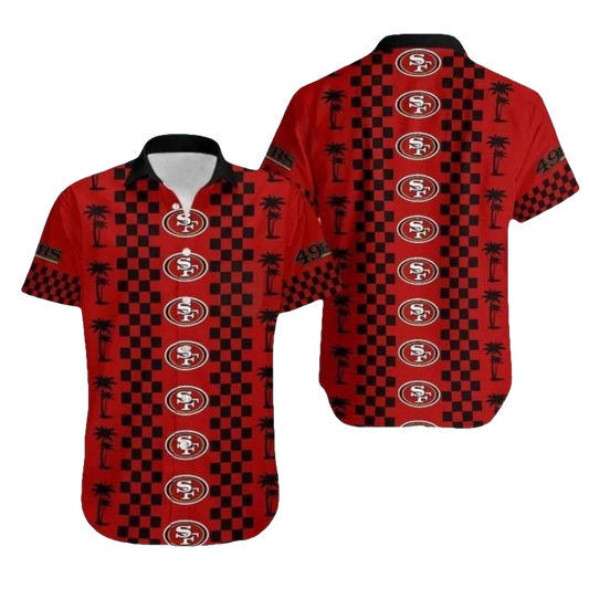 49ers Logo Black And Red Checkered Pattern Hawaiian Shirt - Moonbestprint