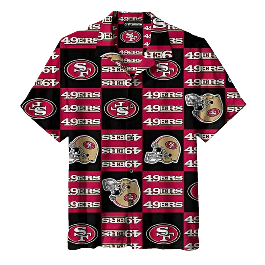 49ers Logo And Helmet Black Hawaiian Shirt - Moonbestprint