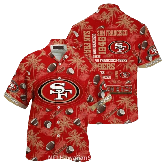 49ers Logo And Coconut Palm Tree Pattern Hawaiian Shirt - Moonbestprint