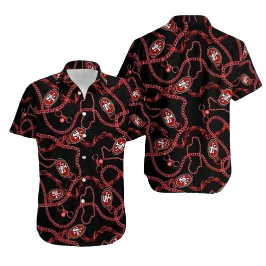 49ers Logo And Chain Black Pattern Hawaiian Shirt - Moonbestprint