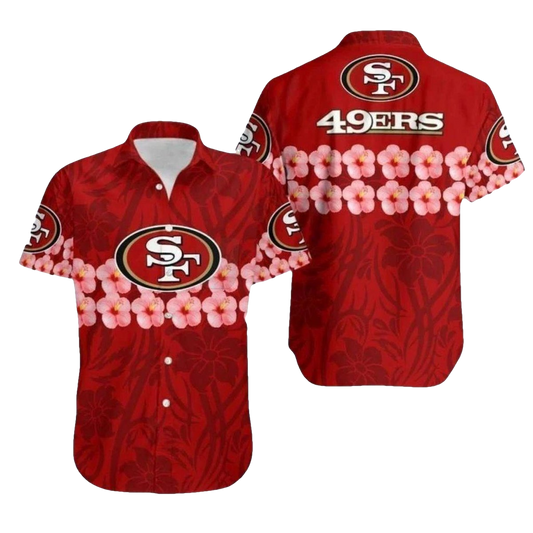 49ers Hibiscus Stripe Bold Team Logo Hawaiian Shirt - Moonbestprint