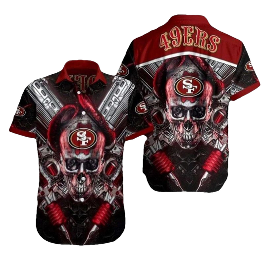 49ers Cybernetic Skull Red Crimson Hawaiian Shirt - Moonbestprint