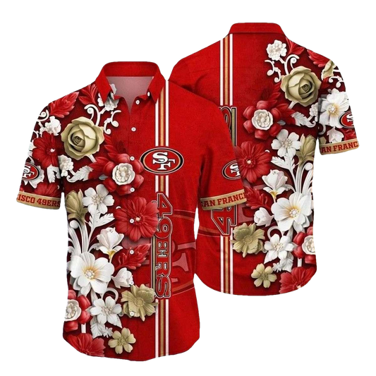 49ers Bold Florals And Stripes Hawaiian Shirt - Moonbestprint