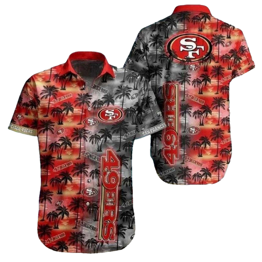 49ers Beachside Twilight Black And Red Sunset Palms Hawaiian Shirt - Moonbestprint