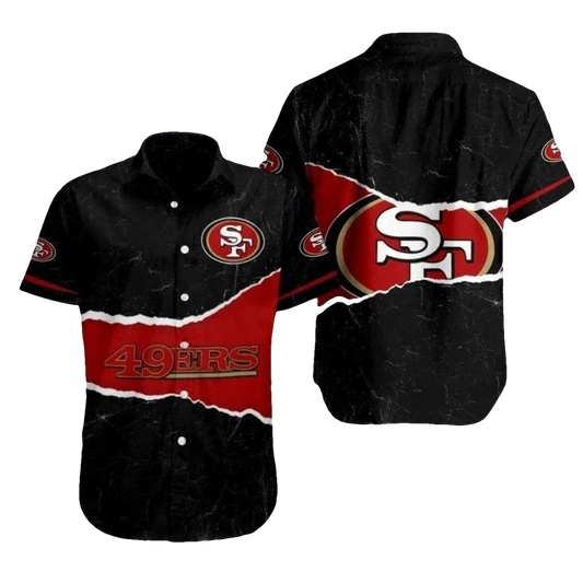 49ers Bold Stripe Black Red Statement Hawaiian Shirt - Moonbestprint