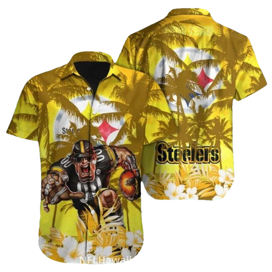 Pittsburgh Steelers Yellow Palm Trees And Mascot Hawaiian Shirt - Moonbestprint
