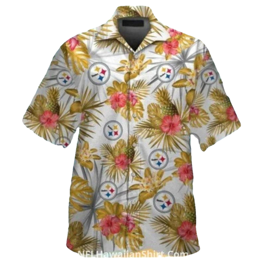 Pittsburgh Steelers White With Tropical Pink Flowers Hawaiian Shirt - Moonbestprint