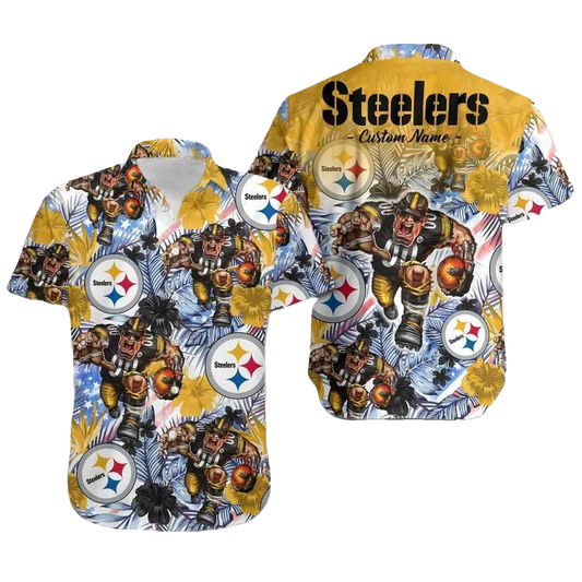 Pittsburgh Steelers Tropical Floral America Flag Mascot Hawaiian Shirt - Moonbestprint