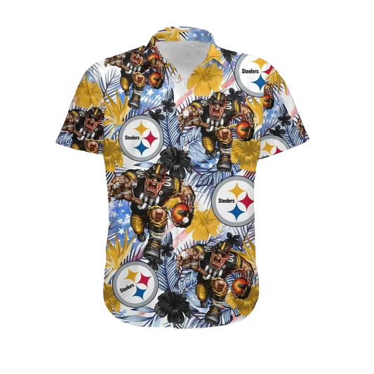 Pittsburgh Steelers Tropical Floral America Flag Mascot Hawaiian Shirt - Moonbestprint