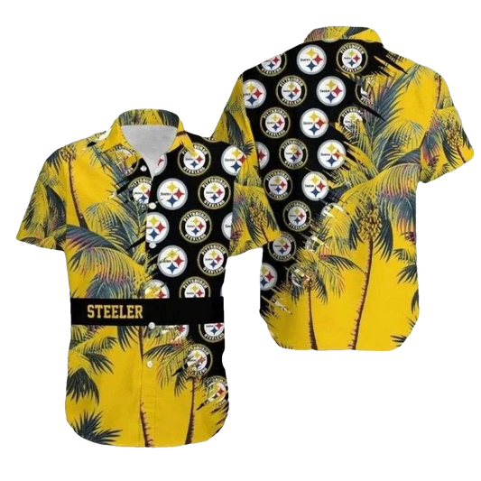 Pittsburgh Steelers Tropical Blitz Multi Logo Hawaiian Shirt - Moonbestprint