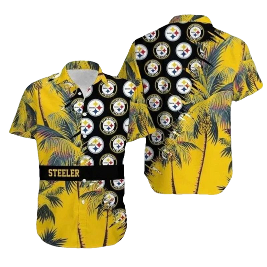 Pittsburgh Steelers Tropical Blitz Multi Logo Hawaiian Shirt - Moonbestprint