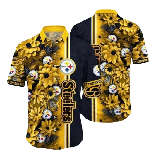 Pittsburgh Steelers Sunshine Floral Blitz Black Hawaiian Shirt - Moonbestprint