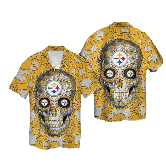 Pittsburgh Steelers Sugar Skull Yellow Hawaiian Shirt - Moonbestprint