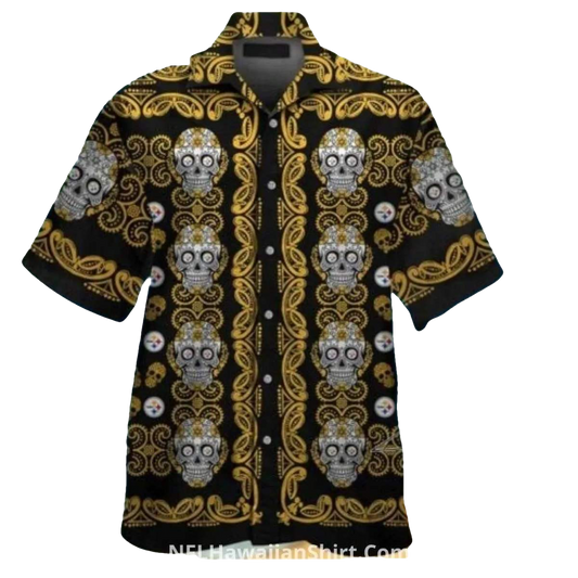 Pittsburgh Steelers Sugar Skull And Gold Pattern Hawaiian Shirt - Moonbestprint