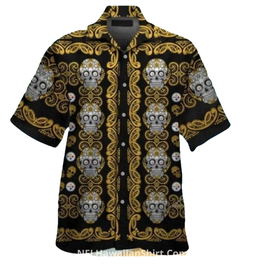 Pittsburgh Steelers Sugar Skull And Gold Pattern Hawaiian Shirt - Moonbestprint