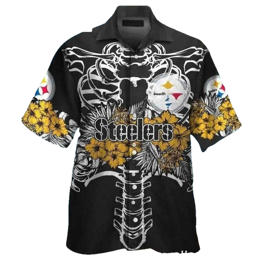Pittsburgh Steelers Skeleton Black And White Floral Hawaiian Shirt - Moonbestprint
