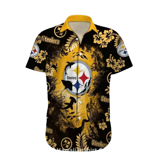 Pittsburgh Steelers Shark And Floral Black Gold Design Hawaiian Shirt - Moonbestprint
