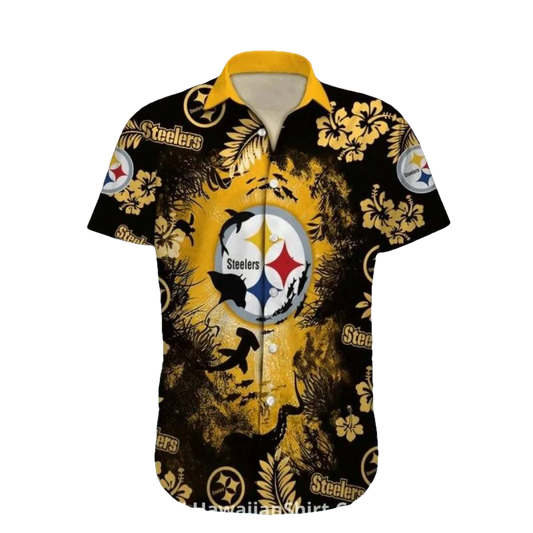 Pittsburgh Steelers Shark And Floral Black Gold Design Hawaiian Shirt - Moonbestprint