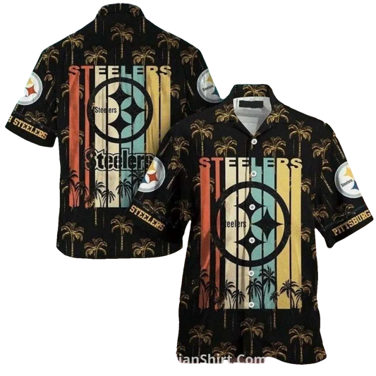 Pittsburgh Steelers Retro Palm Tree Sunset Design Hawaiian Shirt - Moonbestprint