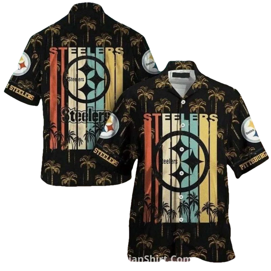 Pittsburgh Steelers Retro Palm Tree Sunset Design Hawaiian Shirt - Moonbestprint