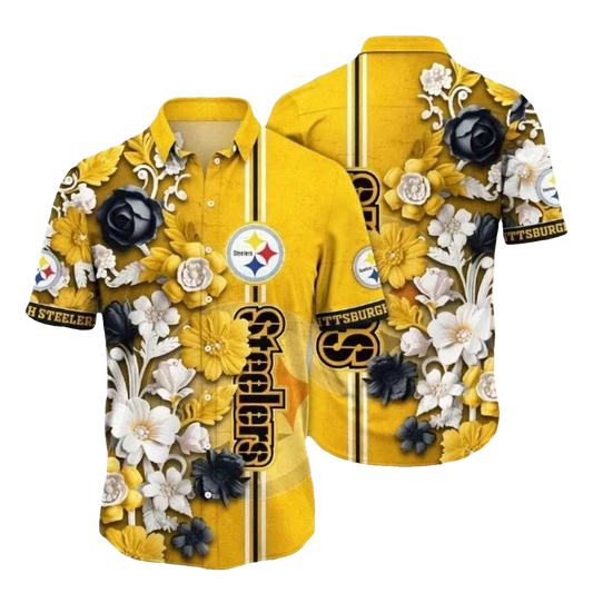 Pittsburgh Steelers Pride Yellow Floral Emblem Hawaiian Shirt - Moonbestprint