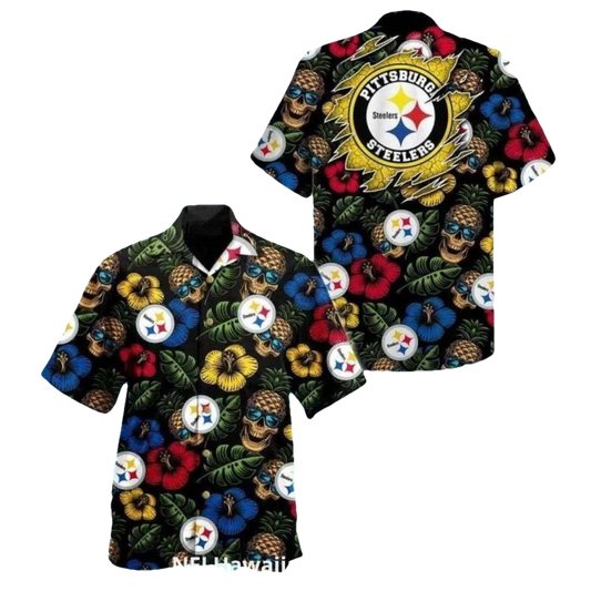 Pittsburgh Steelers Pineapple Skull And Floral Hawaiian Shirt - Moonbestprint