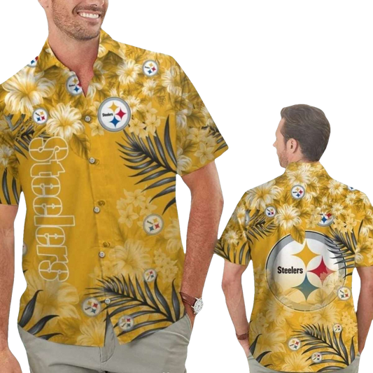 Pittsburgh Steelers Old With Large Hibiscus And Palms Leaves Hawaiian Shirt - Moonbestprint