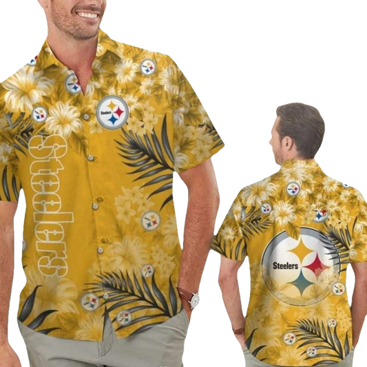 Pittsburgh Steelers Old With Large Hibiscus And Palms Leaves Hawaiian Shirt - Moonbestprint