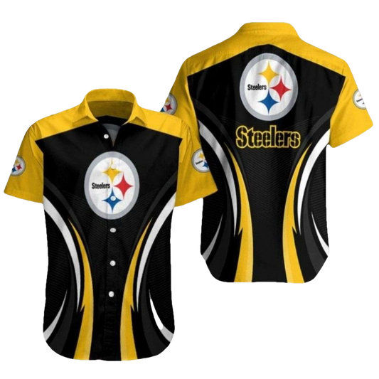 Pittsburgh Steelers Monochrome Sleek Curve Black And Yellow Hawaiian Shirt - Moonbestprint