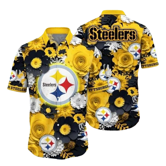 Pittsburgh Steelers Midnight Floral Badge Hawaiian Shirt - Moonbestprint