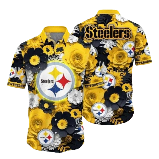 Pittsburgh Steelers Midnight Floral Badge Hawaiian Shirt - Moonbestprint