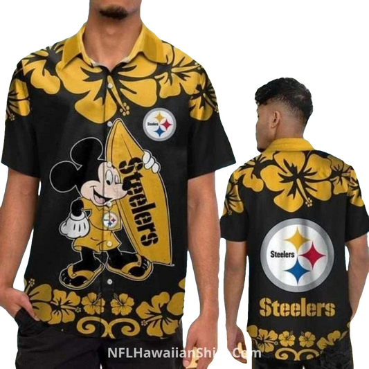 Pittsburgh Steelers Mickey Mouse Surfing Hibiscus Black And Yellow Hawaiian Shirt - Moonbestprint