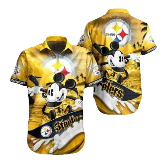 Pittsburgh Steelers Mickey Surfing Sunset Pattern Hawaiian Shirt - Moonbestprint