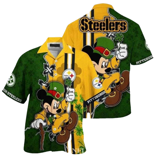 Pittsburgh Steelers Mickey Lucky Charm Green And Gold Hawaiian Shirt - Moonbestprint