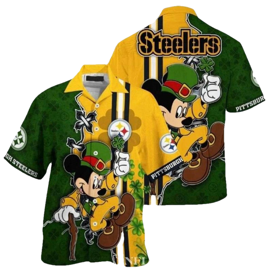 Pittsburgh Steelers Mickey Lucky Charm Green And Gold Hawaiian Shirt - Moonbestprint