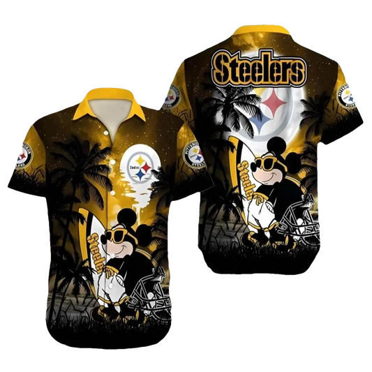 Pittsburgh Steelers Mickey And Surfboard Coconut Tree Hawaiian Shirt - Moonbestprint
