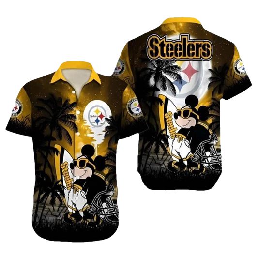 Pittsburgh Steelers Mickey And Surfboard Coconut Tree Hawaiian Shirt - Moonbestprint