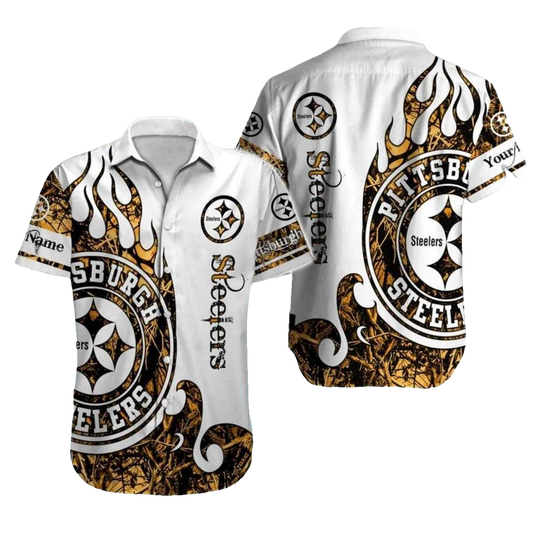 Pittsburgh Steelers Logo White Tribal Fire Design Hawaiian Shirt - Moonbestprint