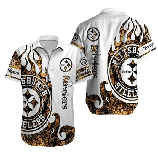 Pittsburgh Steelers Logo White Tribal Fire Design Hawaiian Shirt - Moonbestprint