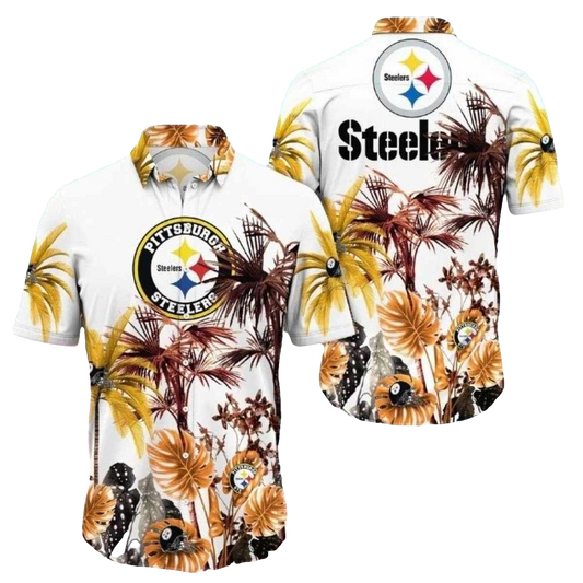 Pittsburgh Steelers Logo White Palm Leaves Hawaiian Shirt - Moonbestprint