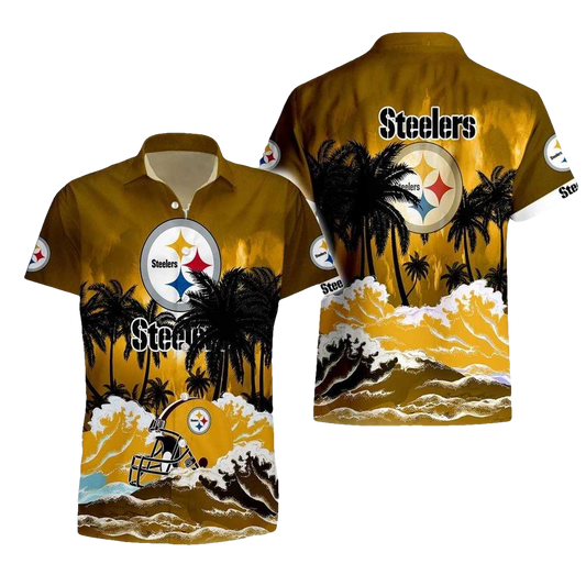 Pittsburgh Steelers Logo Helmet Wave Sunset Hawaiian Shirt - Moonbestprint
