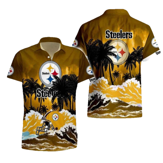 Pittsburgh Steelers Logo Helmet Wave Sunset Hawaiian Shirt - Moonbestprint