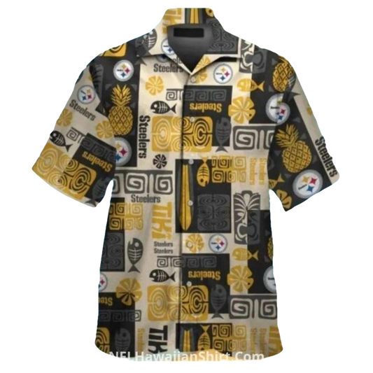 Pittsburgh Steelers Logo Football And Black Floral Hawaiian Shirt - Moonbestprint