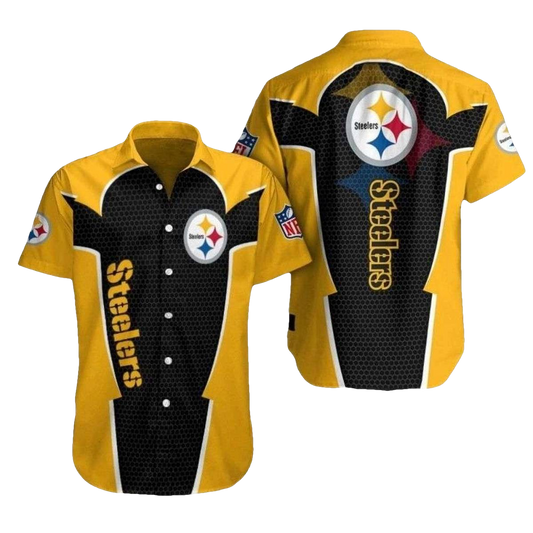 Pittsburgh Steelers Logo Black And Yellow Halftone Pattern Hawaiian Shirt - Moonbestprint