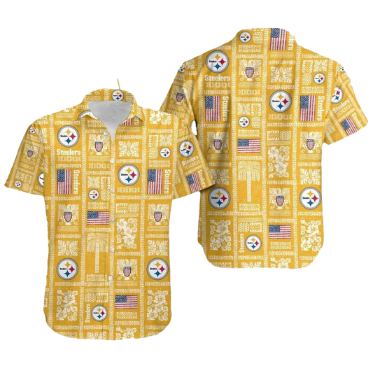 Pittsburgh Steelers Logo And Us Flag Retro Yellow Hawaiian Shirt - Moonbestprint