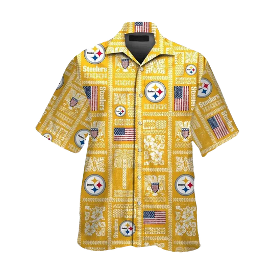 Pittsburgh Steelers Logo And Us Flag Retro Yellow Hawaiian Shirt - Moonbestprint